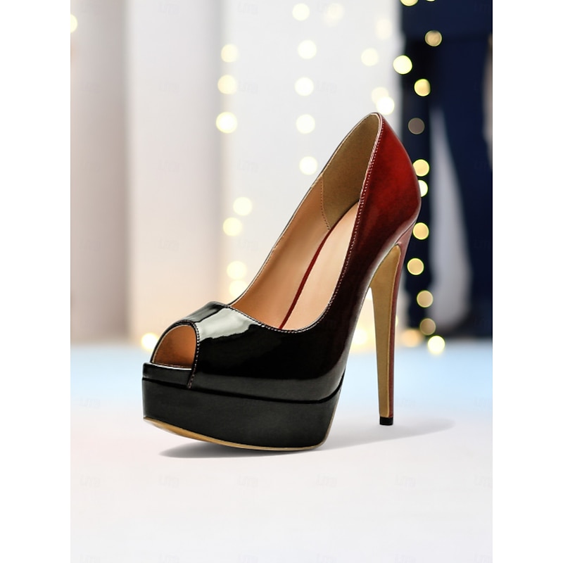 Women's Black Patent Leather Platform Peep Toe High Heels, Sexy Stiletto Pumps for Nightlife Party and Club Outfits4