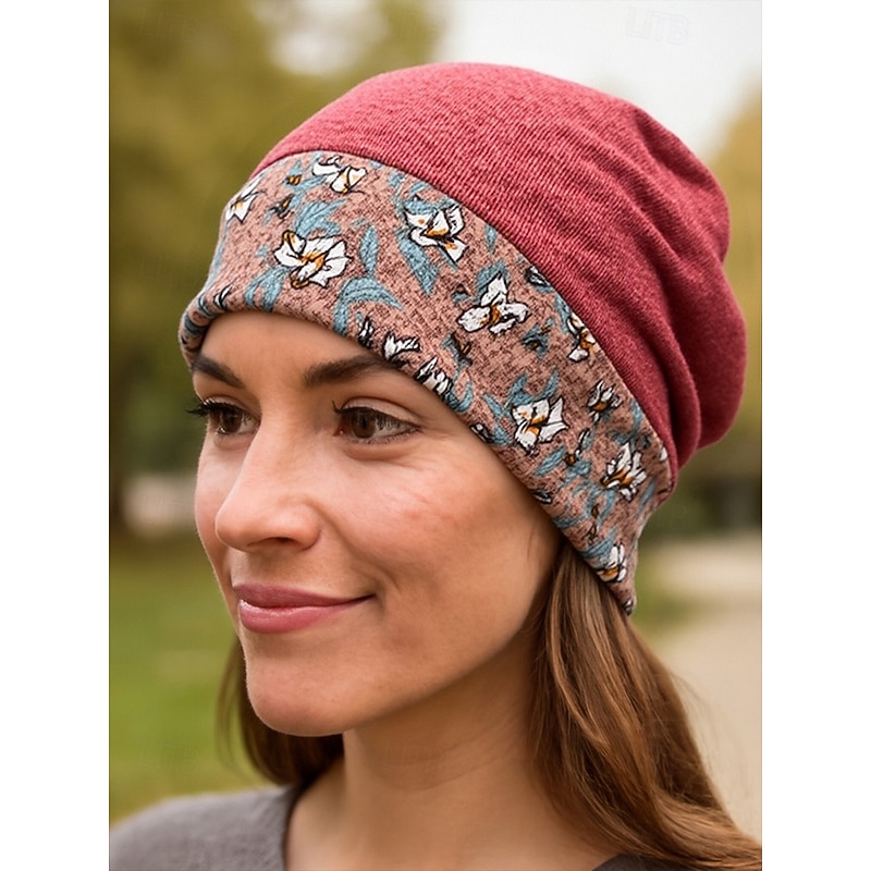 Women's Floral Print Beanie Hat, Soft Stretchy Slouchy Cap for Casual Wear, Outdoor Activities and Chemo Head Cover