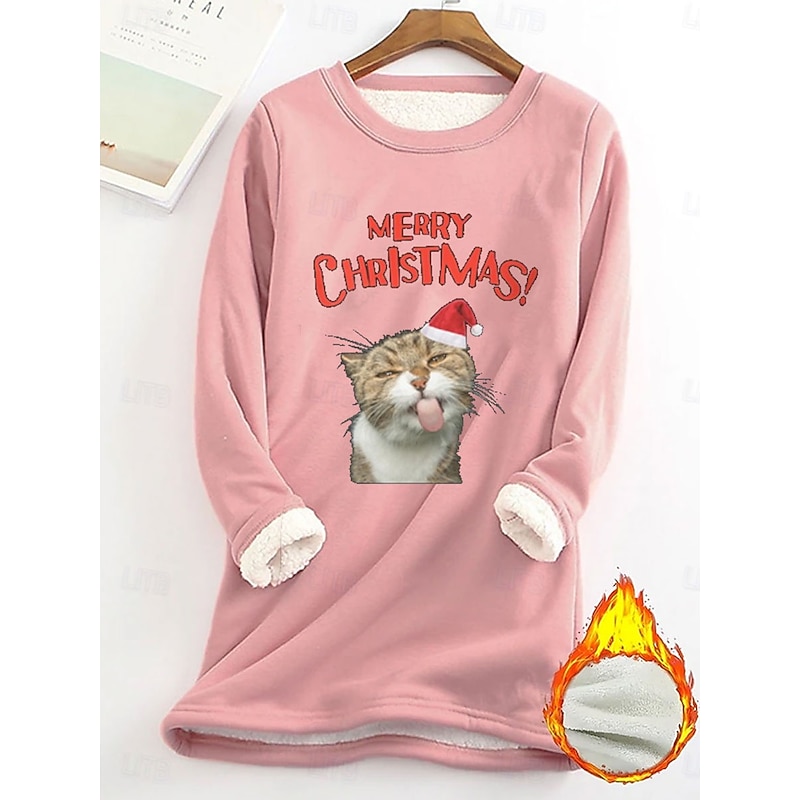Women's Pullover Sweatshirt Graphic Cat Letter Warm Casual Fuzzy Long Sleeve Crew Neck Regular Tops Street Casual Light Pink Black Dark Pink Blue Spring Fall Winter3