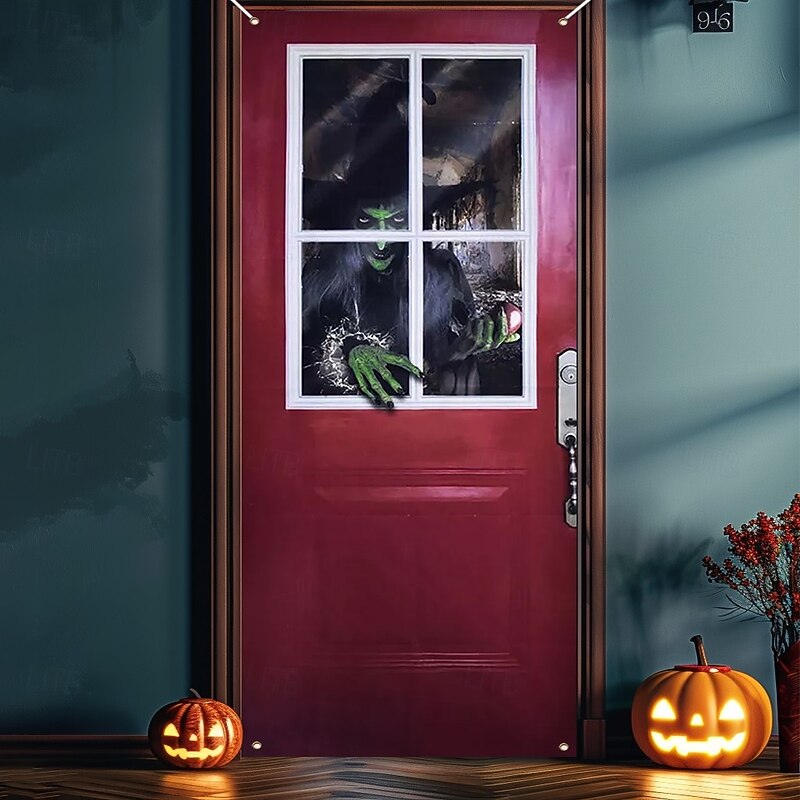 Halloween Door Covers Red Door Witch Breaking In Tapestry Door Curtain Decoration, Scary Horror Backdrop Door Banner for Front Door Indoor Outdoor Haunted House Party Decor