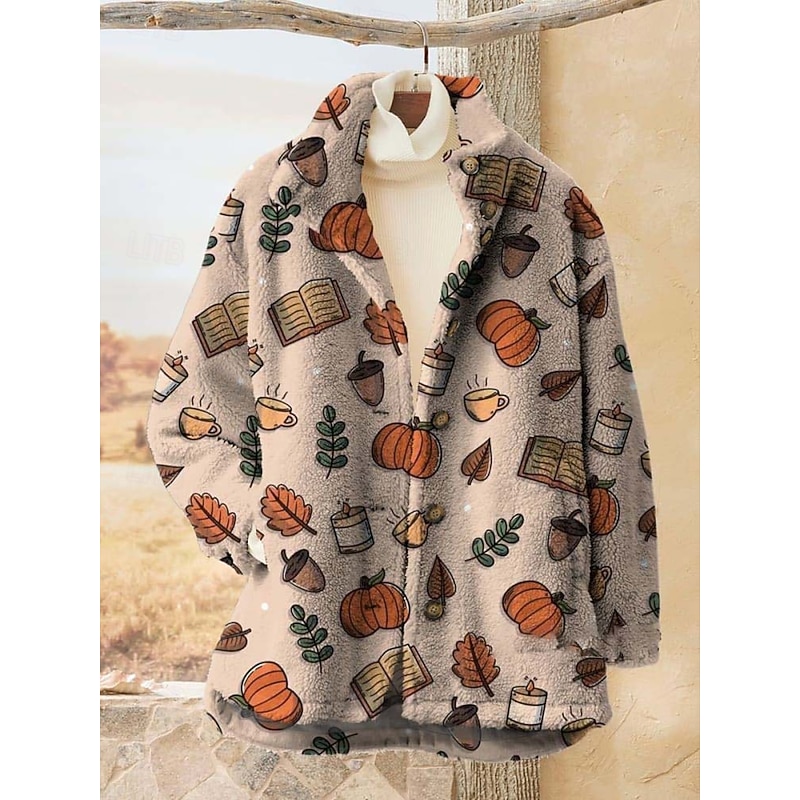 Women's Fleece Jacket Casual Jacket Comfortable Breathable Pocket Print Casual Floral Vacation Street Casual Daily Wear Zipper Regular Turndown Regular Fit Long Sleeve Outerwear Pink Fuchsia Khaki3