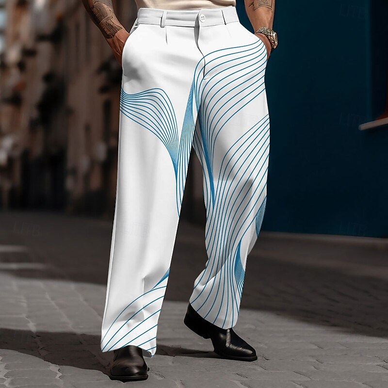 Men's Geometric Waves Dress Pants Trousers Suit Pants Mid Waist Casual Dailywear Holiday Relaxed Fit Flat Front Dress Pants with Side Pockets Spring Fall 3D Print Blue Purple Orange