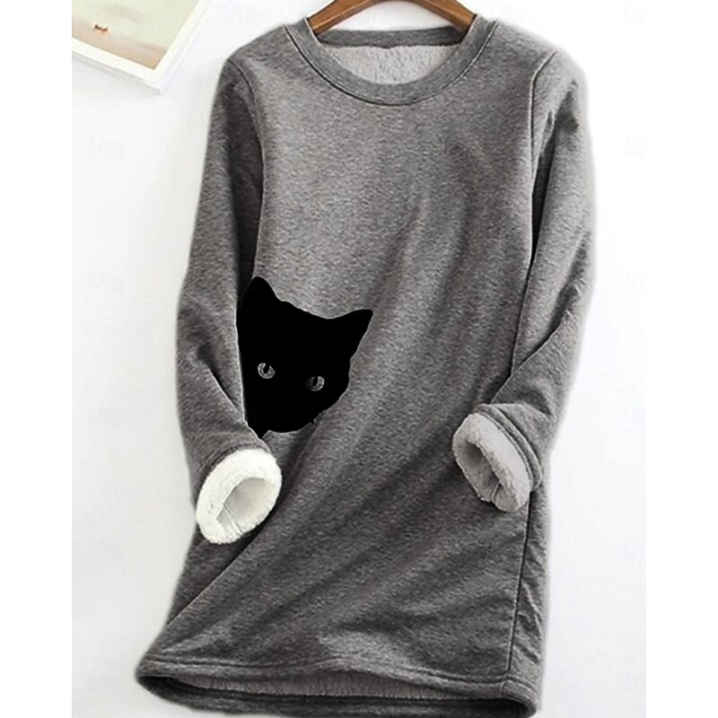 Women's Fleece Lined Pullover Sweatshirt Pajamas Pullover Sweatshirt Sweatshirts Cat Streetwear Casual Long Sleeve Crew Neck Regular Tops Street Holiday Going out Print Pink Light Grey Winter