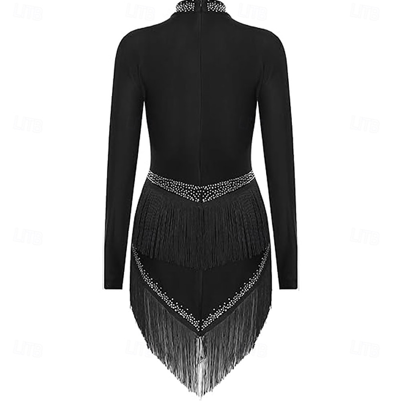 Women's Sparkly Latin Dance Dress Long Sleeve Tassel Cha Cha Salsa Rumba Tango Performance Costume2