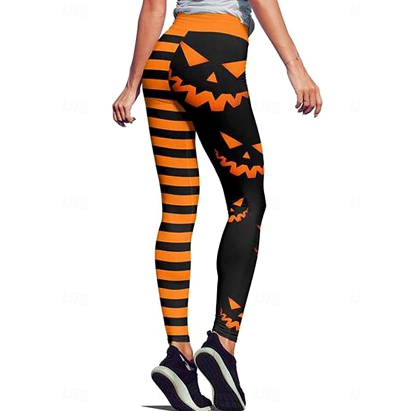Women's Leggings Vacation Vintage Fashion Ankle-Length High WaistPantsHalloween Graphic Striped Halloween Printing Soft Breathable High Elasticity Vacation Street Causal Black Green Yellow Orange