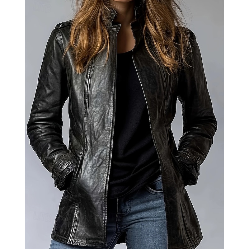 Women's Faux Leather Jacket Warm Comfortable Zipper Pocket Casual Plain Vacation Going out Weekend Regular Stand Collar Regular Fit Long Sleeve Outerwear Black Fall Winter