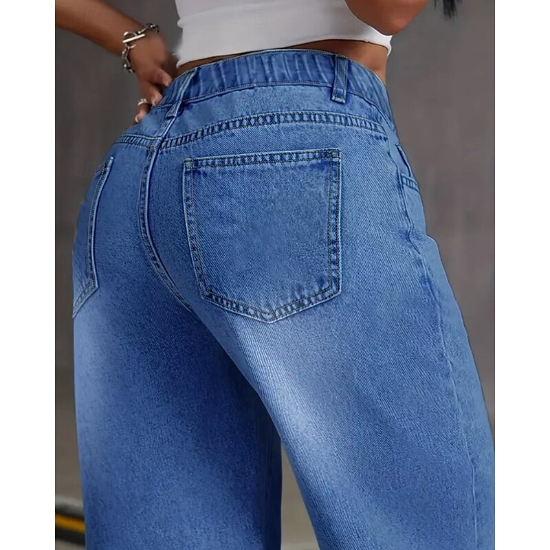Women's Jeans Culottes Wide Leg Chinos Vacation Vintage Streetwear Full Length Medium Waist Plain Pocket Elastic Waist Comfortable Inelastic Micro-elastic Outdoor Vacation Daily Blue Fall Winter3