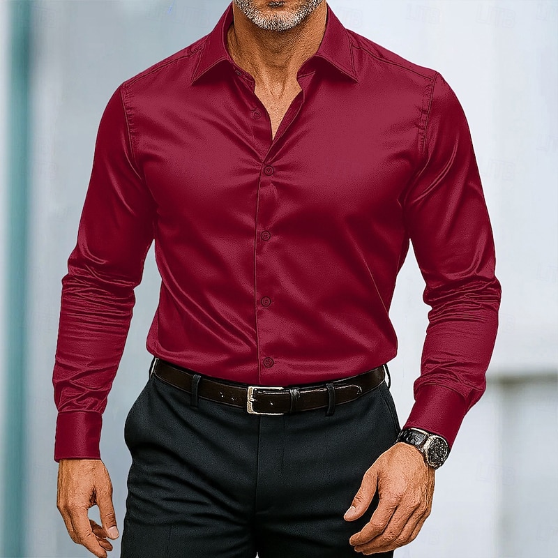 Men's Shirt Satin Shirt Dress Shirt Casual Shirt Button Up Shirt Prom Shirt Plain Formal Wedding Black White Wine Blue Long Sleeve Lapel All Seasons Clothing Apparel