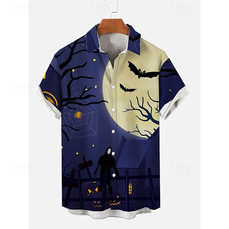 Halloween Men's Grimace Lantern Face Shirt Summer Shirt Casual Shirt Short Sleeves Horror Vacation Daily Wear Theme Party Spring & Summer Lapel Print Black 4 Black 1 Black 3 Navy Blue Black 23