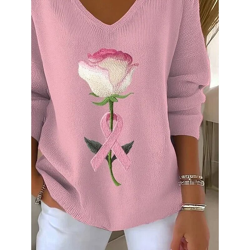 Women's Sweater Casual Soft Floral Graphic Ribbed V Neck Knitted Print Long Sleeve Regular Tops Knit Outdoor Daily Weekend Pink Fall Winter3