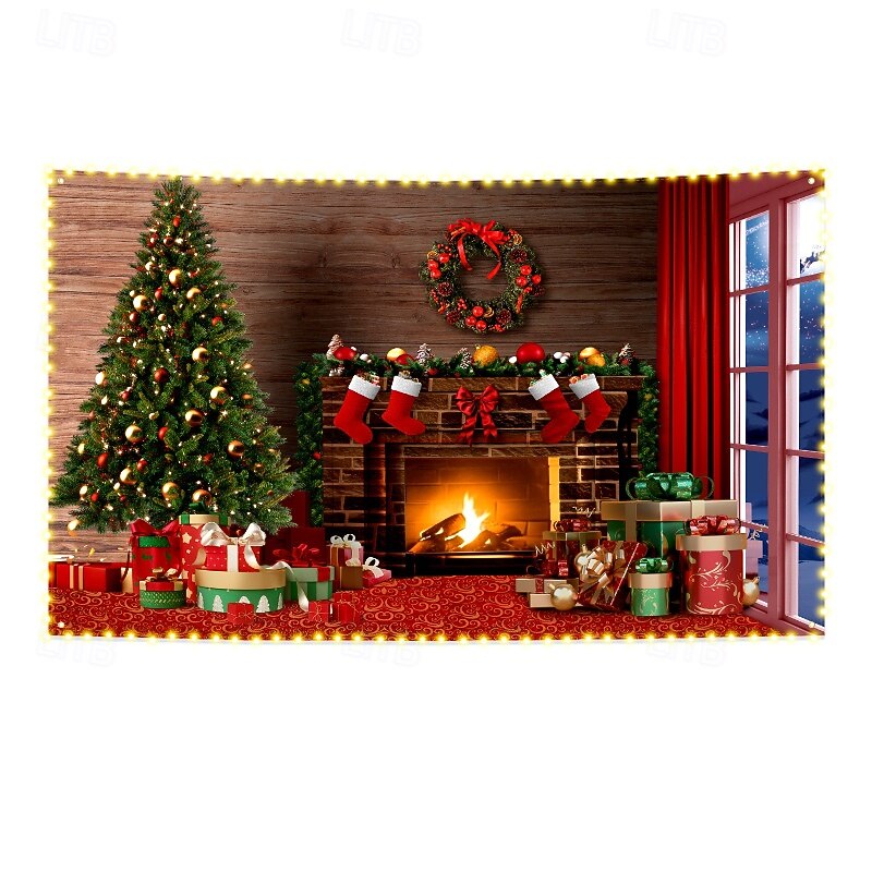 Christmas Backdrop Fabric,   Holiday Party Indoor Decoration, Photo Shoot Background with LED Lights, Hanging Wall Banner for Xmas Celebration, Wholesale2