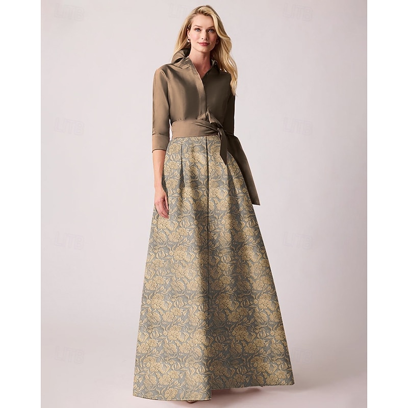 Jacquard Brocade Floral Mother of the Bride A-Line Cocktail Dresses Elegant Dress Formal Wedding Floor Length Long Sleeve Shirt Collar Detachable Nylon