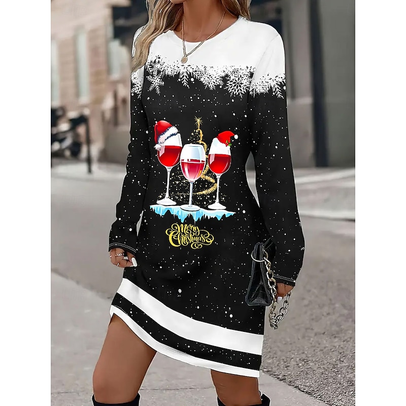 Christmas Women's Mini Dress T Shirt Dress Tee Dress Sundress A Line Dress Casual Daily Holiday Going out Regular Fit Graphic Long Sleeve Crew Neck Blue Green Fall Winter