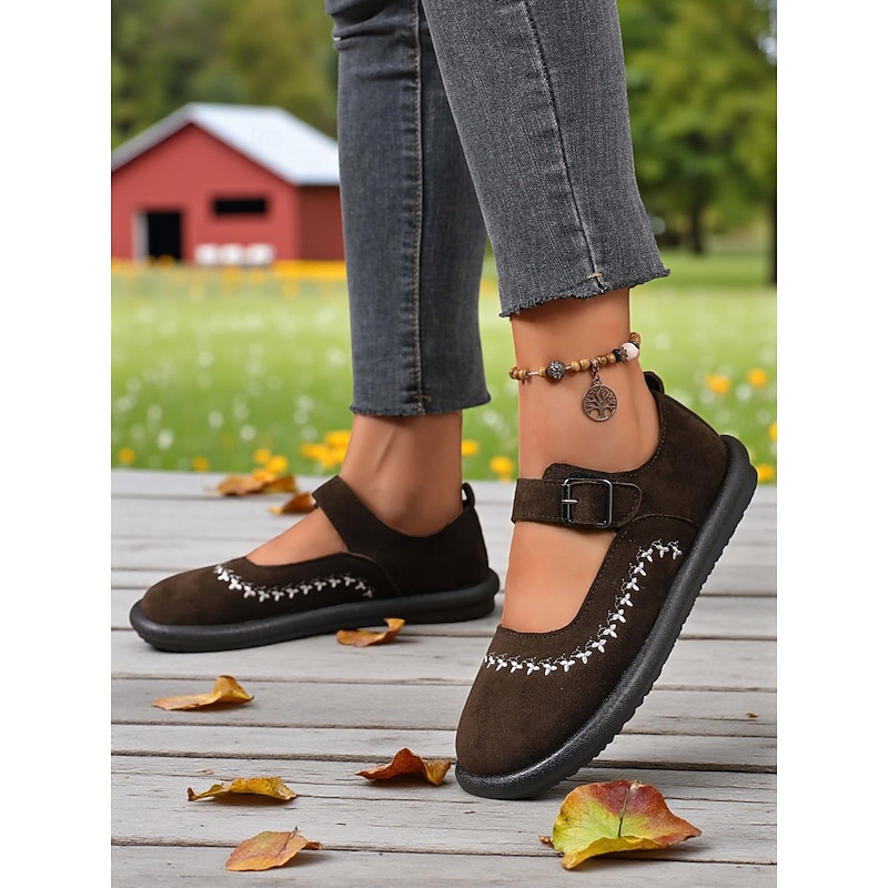 Women's Brown Wide Fit Mary Jane Flats with Buckle Strap and Embroidered Detailing, Comfortable Casual Faux Suede Shoes for Daily Wear and Travel