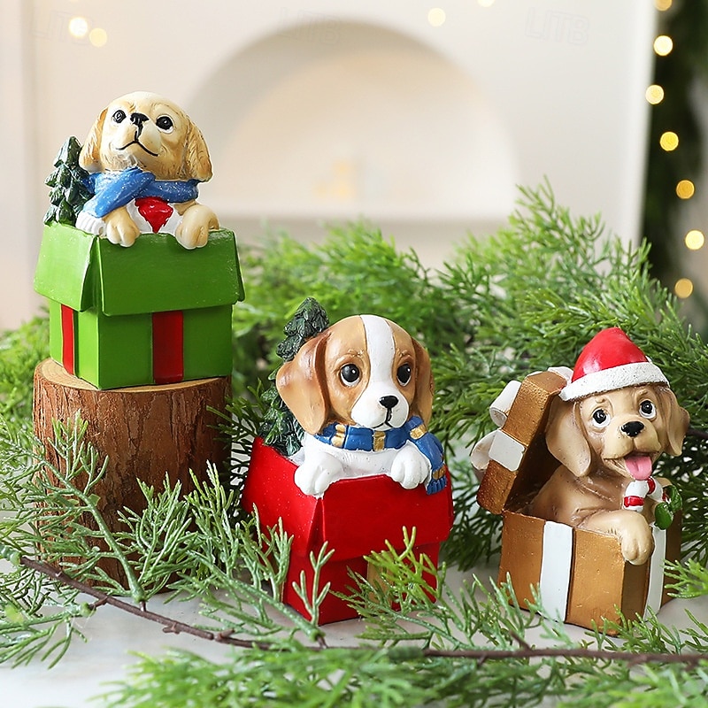 Christmas Resin Puppy Figurine Decoration, Cute Dog Ornament Gift for Holiday, Mini Resin Statue for Xmas Tree, Tabletop, Window Display, Home Decor Accessories