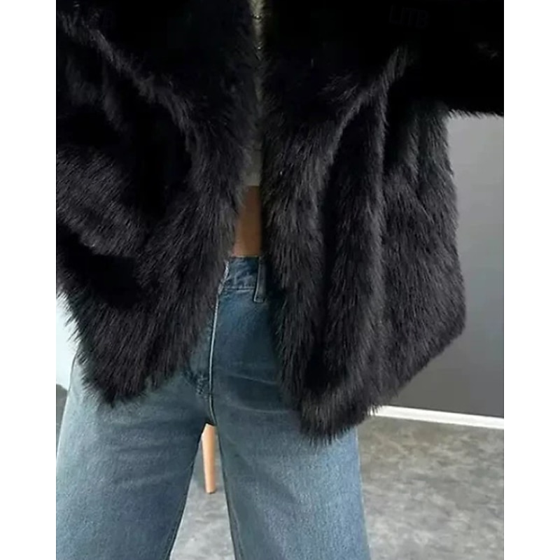 Women's Faux Fur Coat Warm Comfortable Furs & Leathers Casual Plain Street Holiday Going out Park Regular Turndown Regular Fit Long Sleeve Outerwear Black Fall Winter3
