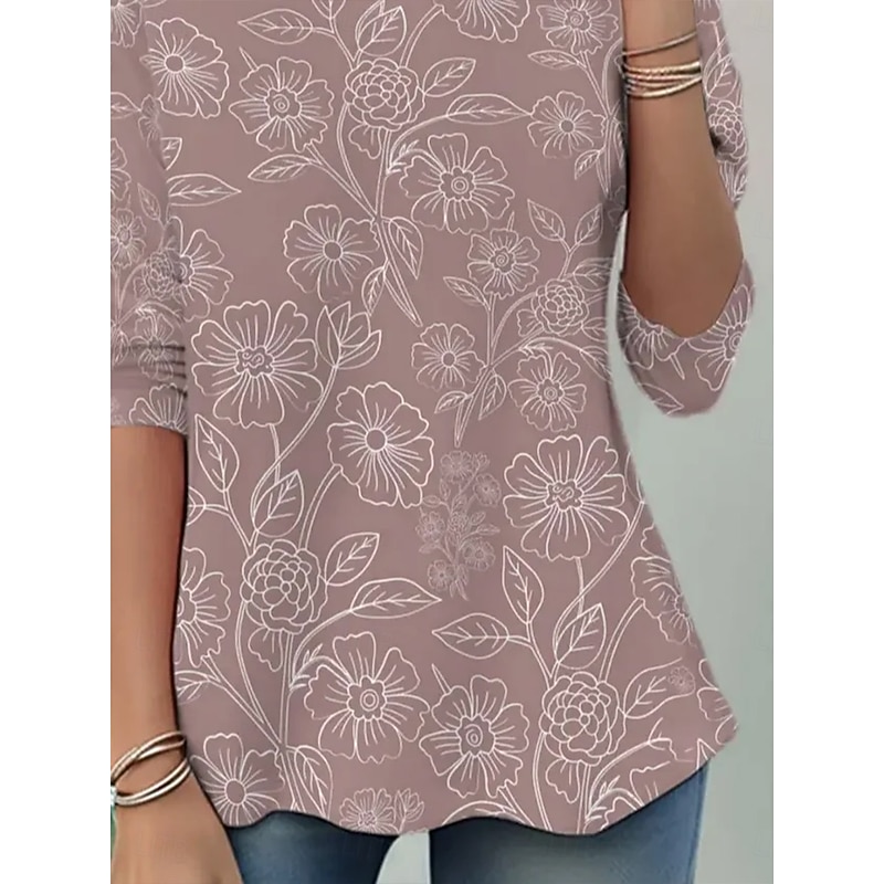 Women's T Shirt Floral Graphic Plants Vintage Stylish Classic Long Sleeve Crew Neck Round Neck Regular Tops Daily Print Dusty Rose Spring Fall Winter3