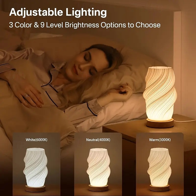 Charging Desk Lamp with USB Night Light Bedside Ambient Light Solid Wood Eye-Protecting Decor 3D Creative Bedroom Ornament