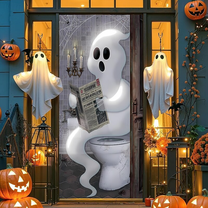 Halloween Door Cover Outdoor Banners Ghost Cute Dark Punk Gothic Style Party Outdoor Shooting Backgrounds Front Door Wall Porch Home Decor3