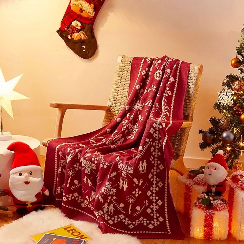 Christmas Red Blanket Cartoon Multi-Functional Thick Cotton Blanket with Gold Thread, Decorative Throw, Textile Sofa Blanket