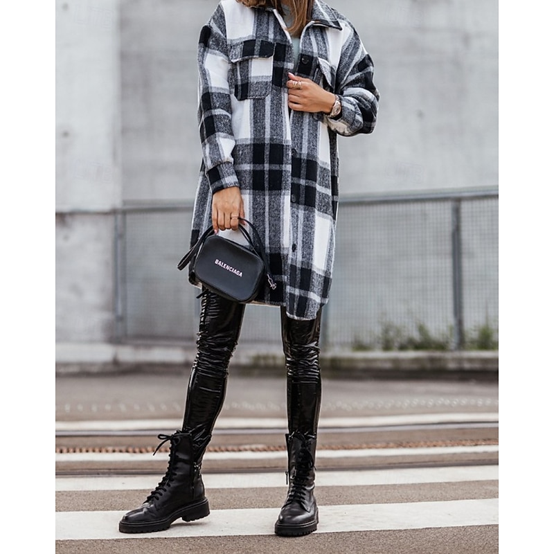 Women's Shirt Jacket Shacket Comfortable Pocket Buttons Casual Plaid Vacation Daily Wear Going out Weekend Long Turndown Regular Fit Long Sleeve Outerwear Black Fall Winter
