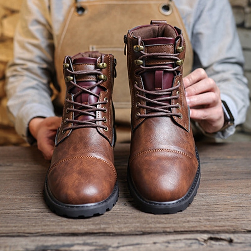 Men's Rugged Brown Lace-Up Ankle Boots with Padded Collar, Durable Outdoor Workwear Style for Hiking, Construction and Casual Streetwear4