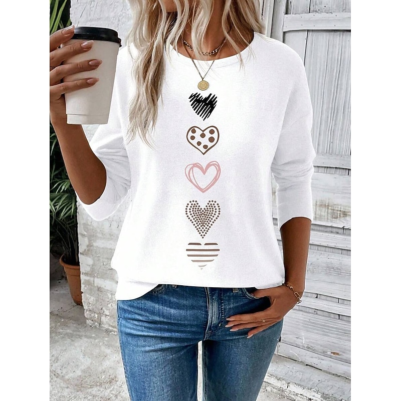 Women's T Shirt Heart Graphic Vintage Fashion Stylish Long Sleeve Crew Neck Round Neck Regular Tops Daily Weekend Print Black White Pink Blue Spring Fall Winter4