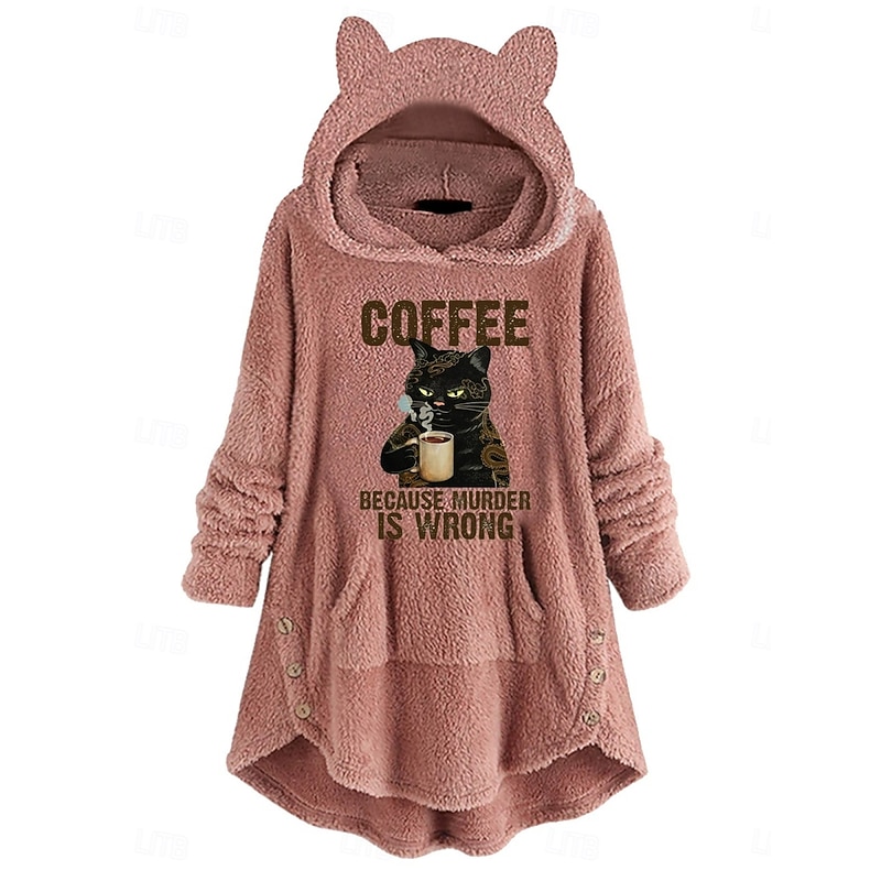 Women's Pullover Hoodie Sweatshirt Cat Letter Casual Long Sleeve Hooded Long Tops Street Dailywear Casual Pocket Print Pink Wine Gray Fall Winter