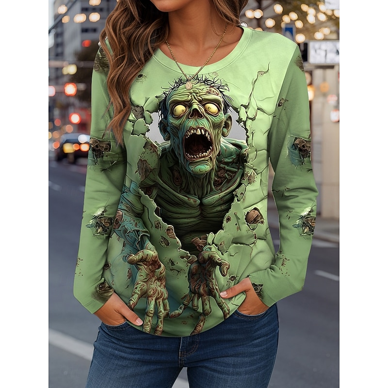 Halloween Women's T Shirt Graphic Skull Vintage Fashion Stylish Long Sleeve Crew Neck Regular Tops Daily Weekend Print Pink Blue Purple Green Spring Fall Winter2