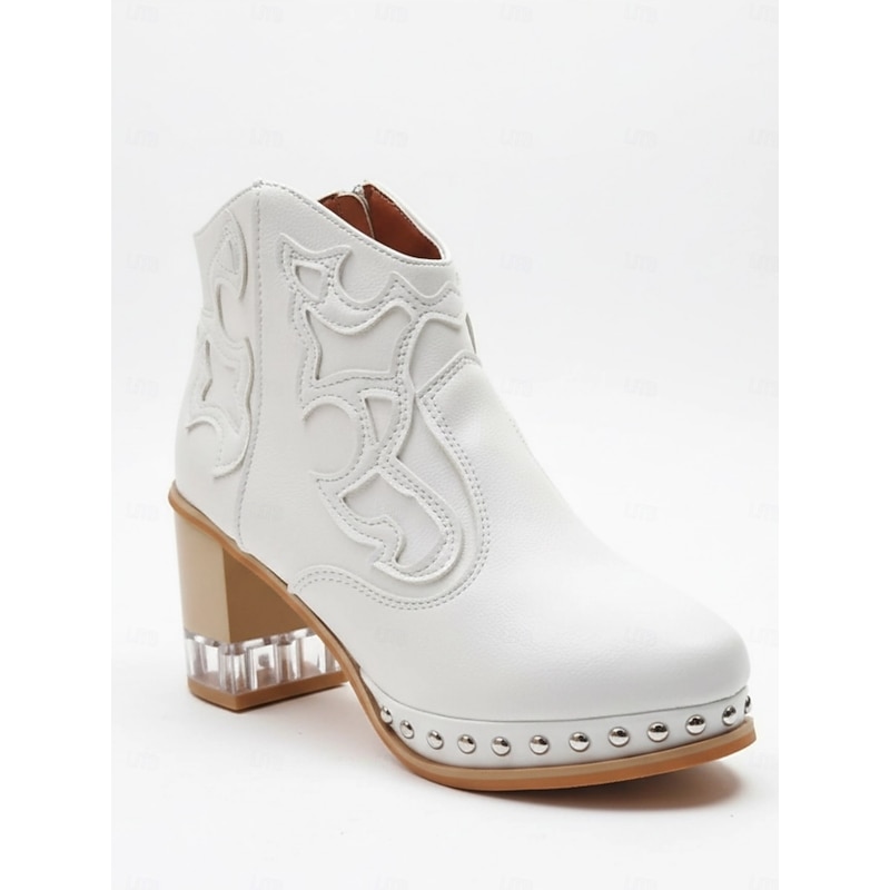 Women's White Leather Western Ankle Boots - Studded Trim, Embroidered Design, and Chunky Wooden Heel for Trendy Casual Outfits4