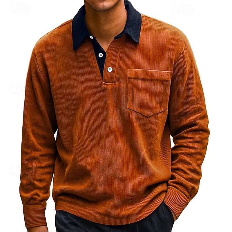Men's Corduroy Shirt Golf Shirt Work Casual Lapel Long Sleeve Basic Modern Color Block Buttons Spring Fall Regular Fit Black White Red Navy Blue Blue Orange Corduroy Shirt