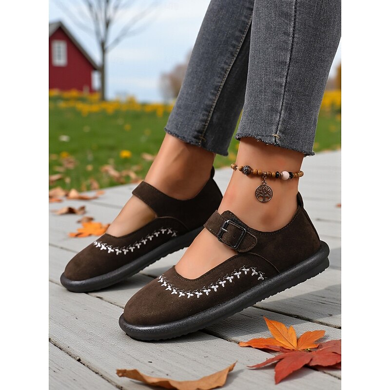 Women's Brown Wide Fit Mary Jane Flats with Buckle Strap and Embroidered Detailing, Comfortable Casual Faux Suede Shoes for Daily Wear and Travel3