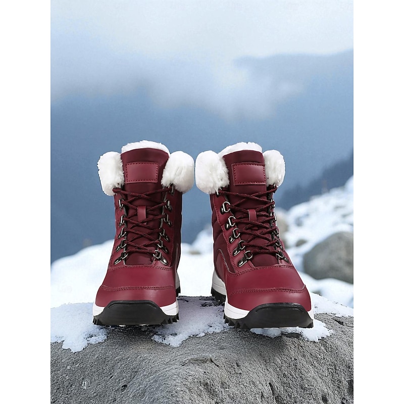 Women's Burgundy Waterproof Winter Snow Boots with Faux Fur Lining, Lace-Up Outdoor Hiking Warm Ankle Shoes for Cold Weather3