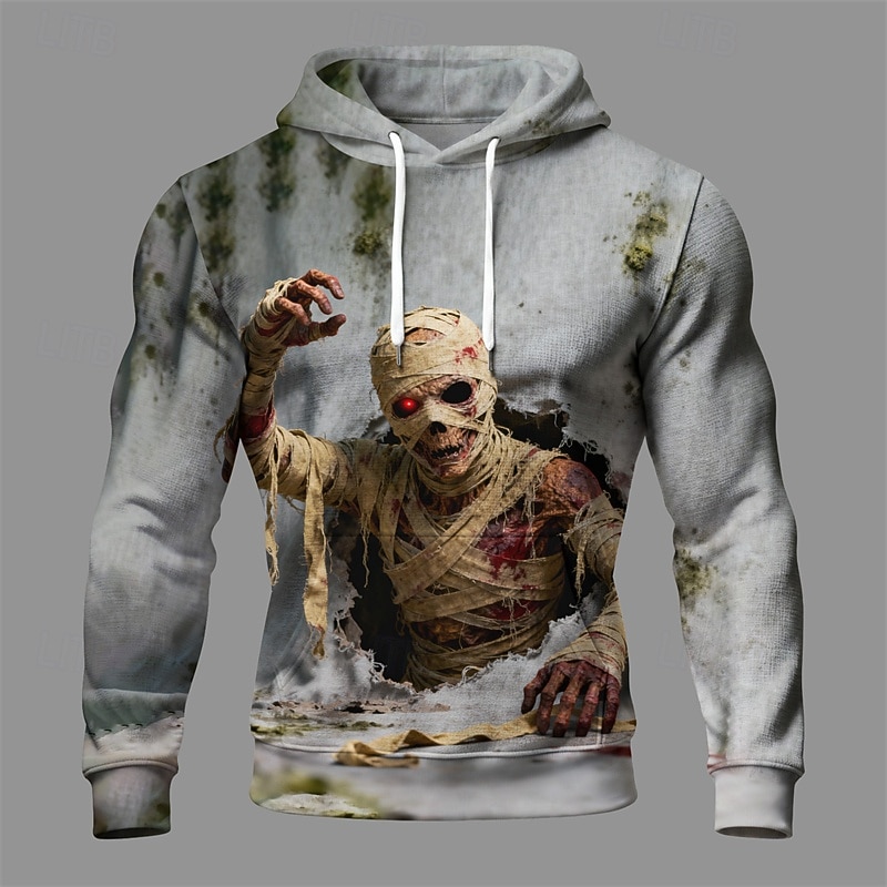 Halloween Men's Monster Hoodie Fashion Daily Hooded Vacation Party Streetwear Gray Drawstring Pocket Printing Fall Winter Designer