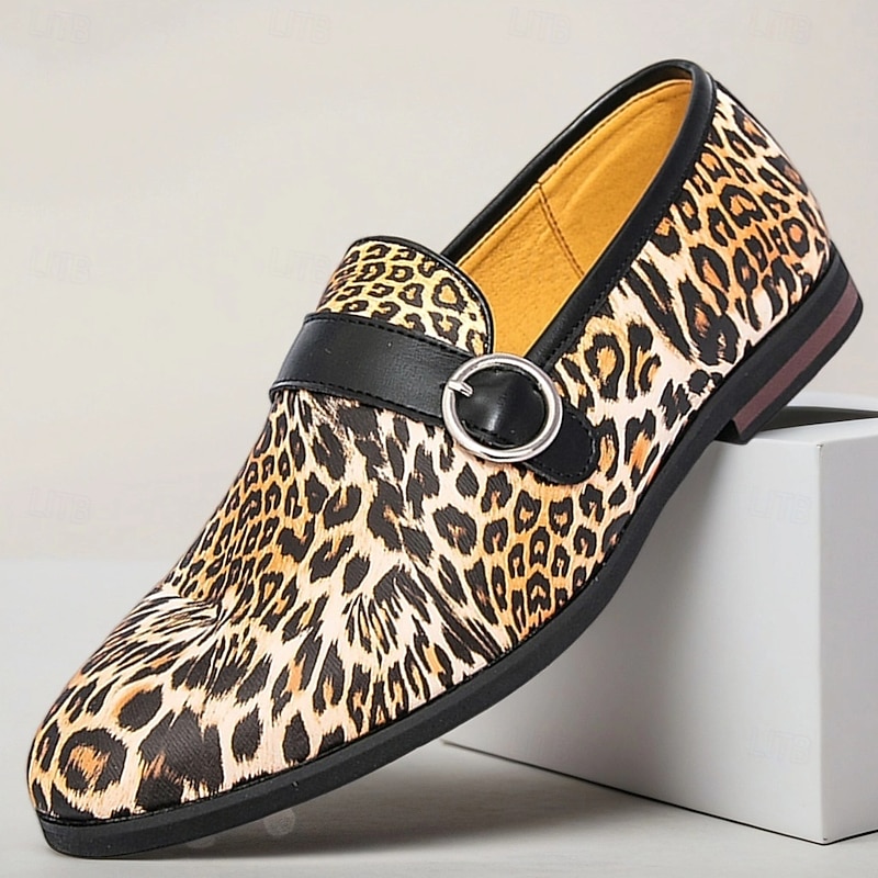 Men's Leopard Print Loafers with Metal Ring – Stylish Slip-On Party Shoes for Fashion-Forward Men, Nightclubs and Casual Events