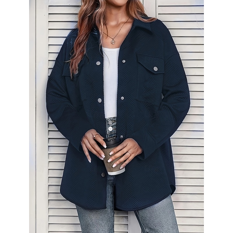 Women's Casual Jacket Comfortable Breathable Pocket Buttons Casual Plain Vacation Street Casual Daily Wear Single Breasted Long Turndown Loose Fit Long Sleeve Outerwear Navy Spring Fall4