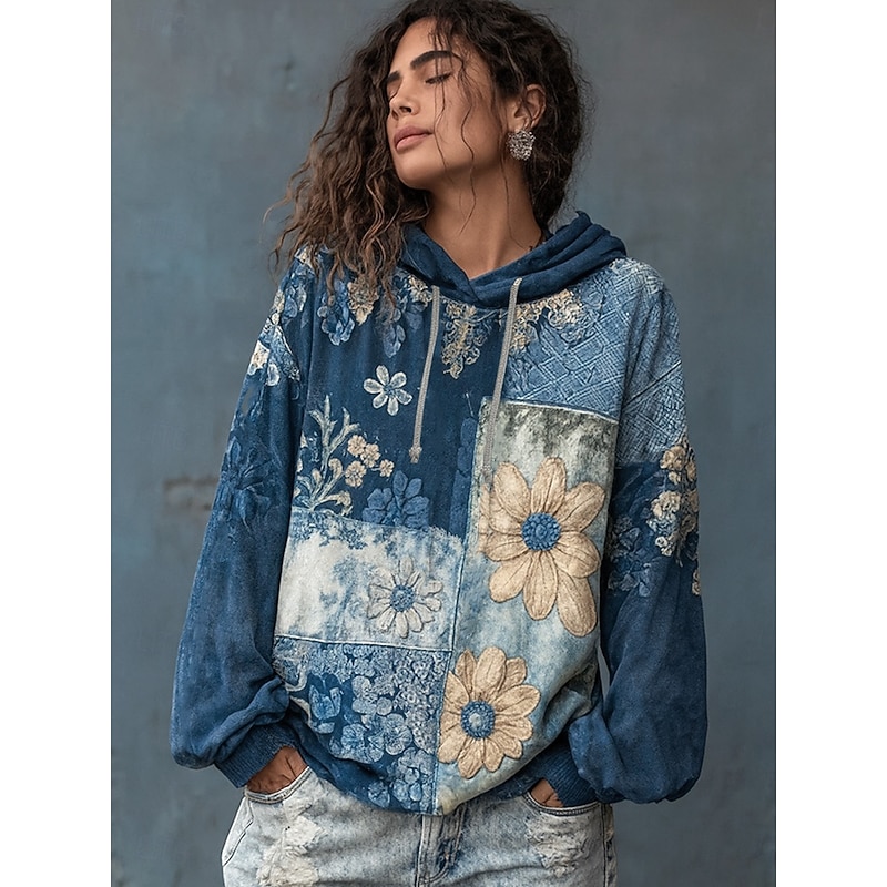 Women's Pullover Hoodie Sweatshirt Floral Graphic Elegant Warm Active Long Sleeve Hooded Regular Tops Street Dailywear Casual Patchwork Print Blue Spring Fall Winter