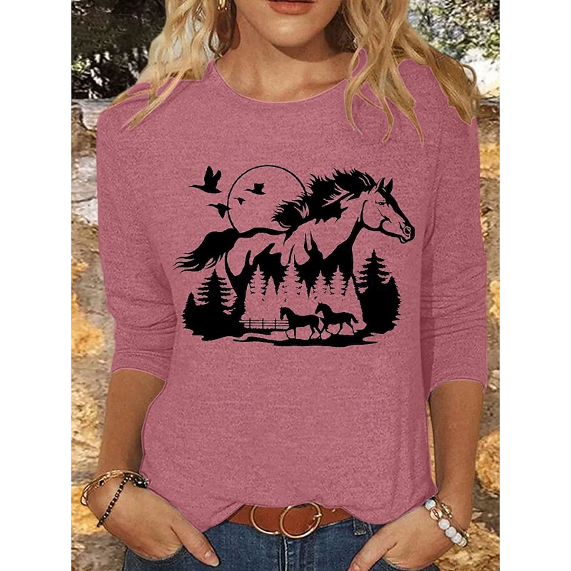 Women's T Shirt Graphic Animal Horse Vintage Stylish Classic Long Sleeve Crew Neck Round Neck Regular Tops Daily Print Pink Blue Khaki Gray Spring Fall Winter4