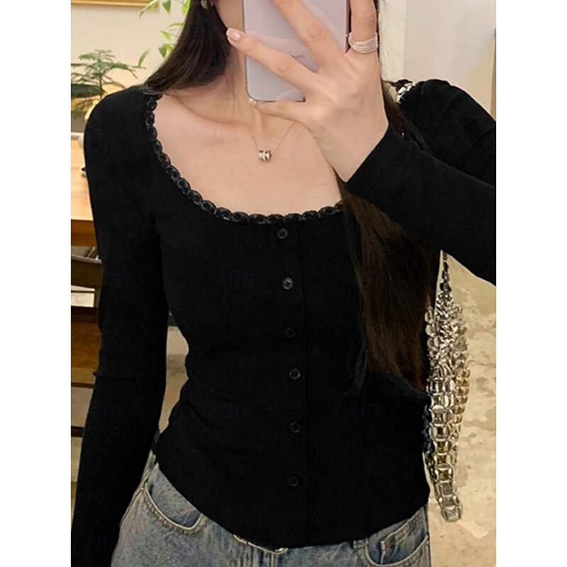 Women's Blouse Solid Color Stylish Basic Casual Long Sleeve U Neck Regular Tops Daily Patchwork Buttons Black Dark Gray Gray Spring Fall Winter4