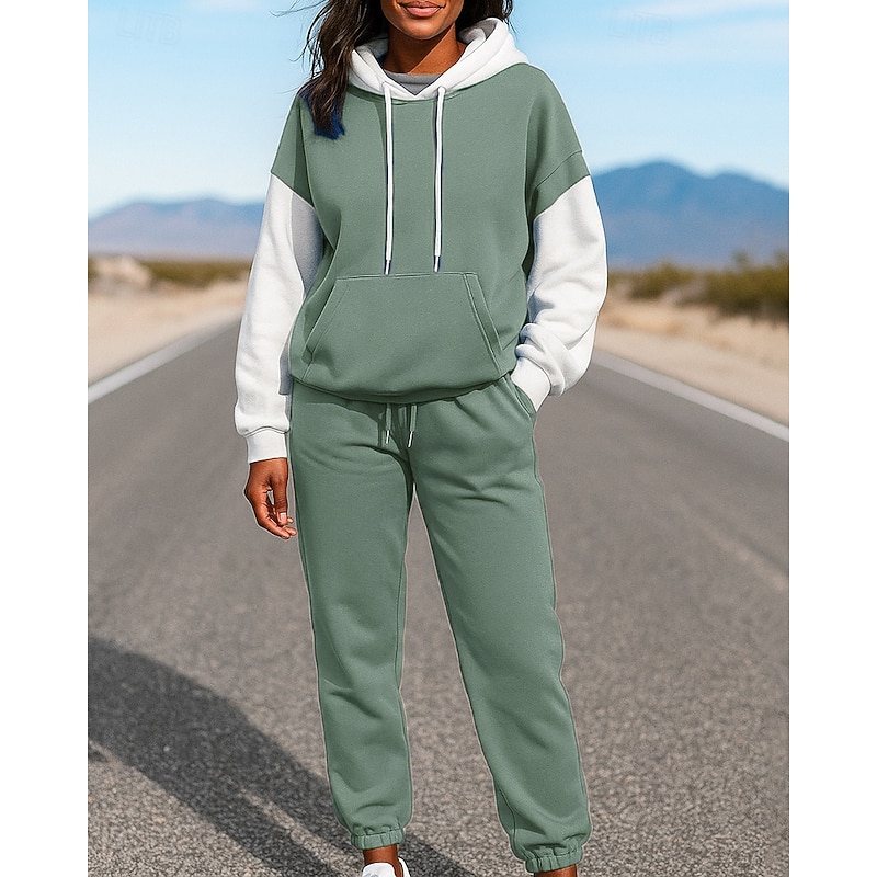 Women's 2 Piece Tracksuit Lounge Hoodie Sweatsuit Sets Baggy with Pocket Color Block Clothing Suit Fall Black Blue Hiking Vocation Outdoor Long Sleeve Sport Activewear Micro-elastic Regular Fit4