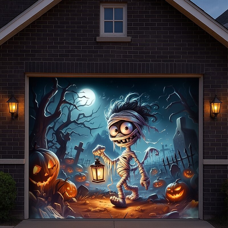 Halloween Garage Door Cover Pumpkin Tomb Castle Mummy Banner Haunted House Horror Scene Spooky Backdrop Tapestry for Outdoor Wall Fence Yard Halloween Party Decoration3