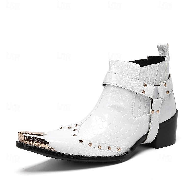 White Genuine Leather Men's Western Motorcycle Boots with Metal Toe Cap, Studded Strap, Punk Gothic Style – Ideal for Harley Riders, Rock Concerts, Stage Performance and Nightlife Fashion2