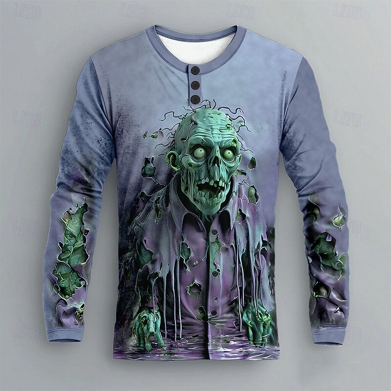 Men's Halloween Zombies Henley Shirt Long Sleeve Fashion Cute Daily Casual Holiday Going out Fall Winter Spring &  Fall Blue Green Purple Henley Collar Henley Henley T-Shirt2