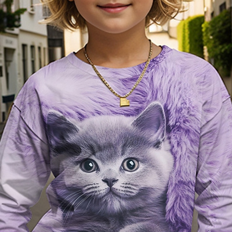 Boys' 3D Cat T shirt Tee Long Sleeve Spring Fall Fashion Basic Kids 4-12 Years Crew Neck Outdoor Casual Daily Regular Fit3