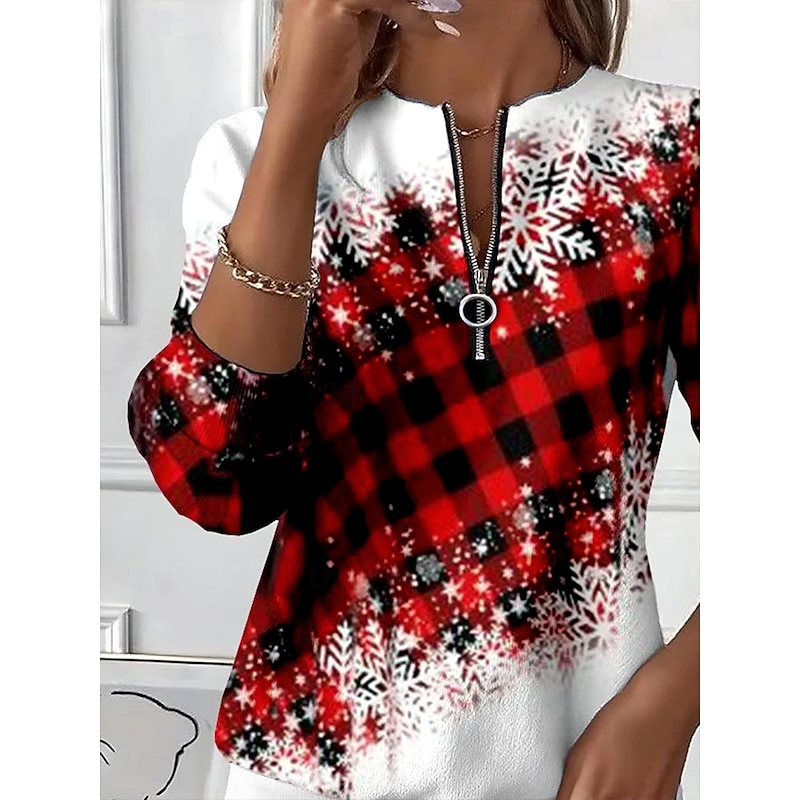 Women's Pullover Sweatshirt Zip Up Sweatshirts Graphic Geometric Plaid Fashion Casual Long Sleeve Crew Neck Regular Tops Street Dailywear Patchwork Zipper Print Red Fall Winter2