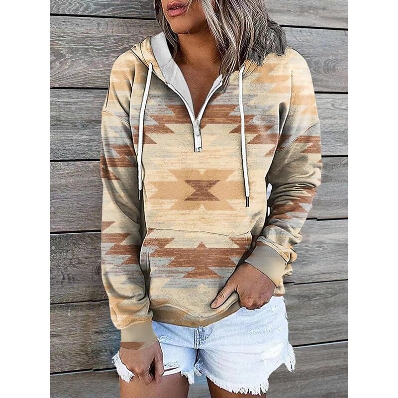 Women's Pullover Hoodie Sweatshirt Geometric Color Block Vintage Ethnic Casual Long Sleeve Hooded Regular Tops Street Dailywear Black Blue Khaki Beige Fall Winter2