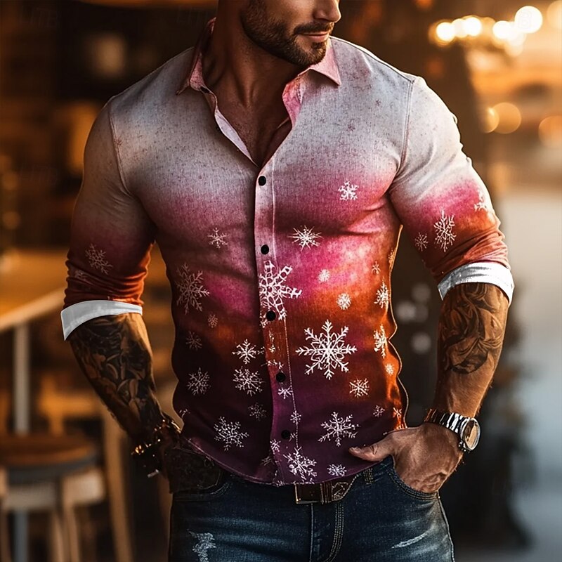 Men's Snowflake Gradient Color Shirt Button Up Shirt Long Sleeve Vintage Retro Outdoor Casual Holiday Spring Fall Turndown 3D Print Collared Shirts Red Blue