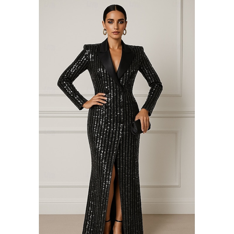 Black Tuxedo Blazer Dress Sheath / Column Formal Sequin Elegant Long Sleeve Floor Length Lapel Double Breasted4