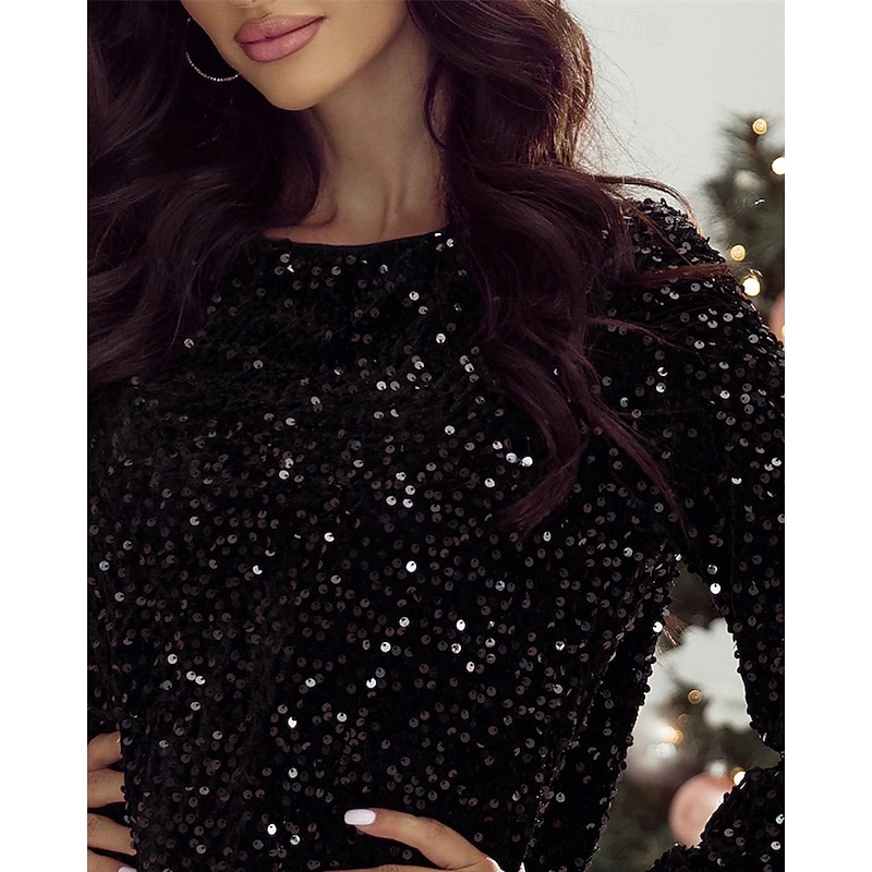 Women's Mini Dress Black Dress Sequin Dress Party Dress Casual Dress Elegant Fashion Modern Outdoor Party Daily Slim Plain Long Sleeve Crew Neck Black Spring Autumn3