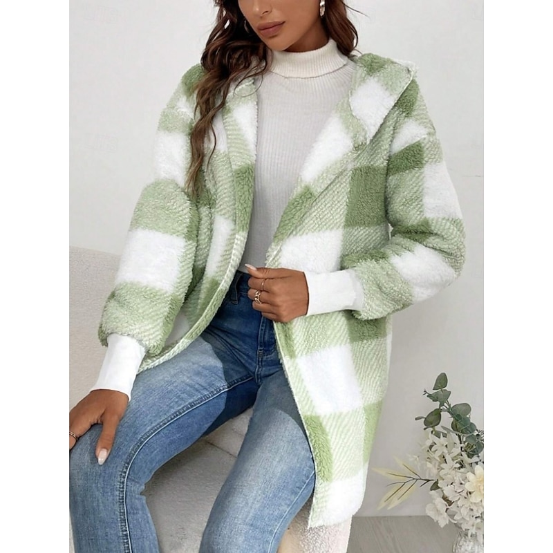 Women's Fleece Jacket Sherpa Jacket Comfortable Breathable Print Open Front Casual Plaid Vacation Street Casual Daily Wear Open Front Long Turndown Regular Fit Long Sleeve Outerwear Yellow Blue Green3